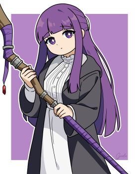 Rule 34 | 1girl, absurdres, blunt bangs, breasts, cropped legs, dress, fern (sousou no frieren), garloo, highres, holding, holding staff, inktober, long hair, long sleeves, looking at viewer, purple eyes, purple hair, sousou no frieren, staff, white dress, wide sleeves