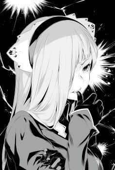 1girl biting biting_own_thumb black_background commentary_request dungeon_ni_deai_wo_motomeru_no_wa_machigatteiru_darou_ka gloves greyscale hair_over_one_eye hairband hand_up highres holding_own_arm horn_(danmachi) long_hair long_sleeves monochrome nilitsu novel_illustration official_art one_eye_covered second-party_source solo