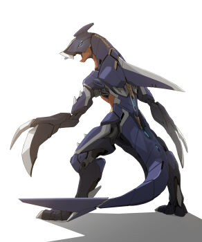 absurdres blade_arm blue_eyes commentary_request detached_arm drop_shadow fins fish_tail from_behind full_body garchomp gen_4_pokemon highres joints korean_commentary looking_back martinicandy mechanical_arms mechanization nintendo no_humans non-humanoid_robot pokemon pokemon_(creature) robot robot_animal robot_dragon robot_joints shark_fin shark_tail solo spikes standing tail white_background