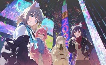 2026 4girls :d ^_^ alternate_costume black_gloves black_hair black_jacket blue_archive blue_eyes blue_halo blue_scarf brown_coat brown_hair brown_sweater closed_eyes coat commentary english_commentary gloves green_halo grey_hair halo heterochromia highres hoshino_(blue_archive) jacket long_hair looking_at_viewer m.q_(mqkyrie) medium_hair multiple_girls new_year nonomi_(blue_archive) open_mouth outdoors pink_coat pink_halo plaid_clothes plaid_scarf red_eyes red_halo red_scarf scarf serika_(blue_archive) shiroko_(blue_archive) shirt smile sweater twintails white_shirt yellow_eyes