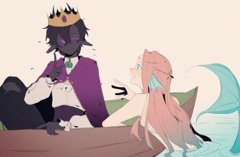 1boy 1girl black_hair black_skin blue_eyes boat cape chinese_commentary colored_skin commentary_request crown eye_of_ender fins head_fins highres long_hair looking_at_another mermaid minecraft minecraft_youtube monster_girl nihachu one_eye_closed open_mouth origins_smp pink_hair pointy_ears purple_cape purple_eyes ranboo ranboo_(enderian) rowboat shirt short_hair smile water watercraft white_shirt xiangyechahaohe