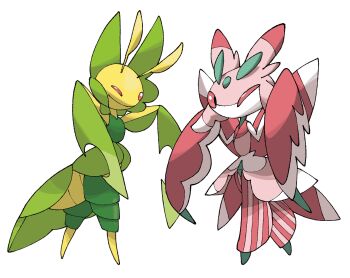 absurdres antennae commentary full_body gen_5_pokemon gen_7_pokemon highres leavanny lurantis nintendo no_humans one_eye_closed pokemon pokemon_(creature) pokemon_focus pr_quote simple_background white_background