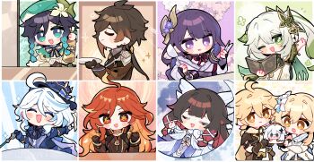 3boys 6+girls absurdres aether_(genshin_impact) ahoge antenna_hair bird blonde_hair blue_hair blunt_bangs book bottle brown_gloves brown_hair chinese_clothes chinese_commentary closed_eyes closed_mouth columbina_(genshin_impact) crop_top dress flower flower_ornament from_side furina_(genshin_impact) genshin_impact gloves gradient_hair green_eyes green_hair green_hat hair_between_eyes hair_ribbon happy happy_anniversary hat highres holding holding_book holding_spoon huge_ahoge japanese_clothes kyou_039 light_smile long_hair looking_at_viewer looking_down lumine_(genshin_impact) mavuika_(genshin_impact) mole mole_under_eye multicolored_hair multiple_boys multiple_girls nahida_(genshin_impact) one_eye_closed open_book open_mouth orange_eyes paimon_(genshin_impact) purple_eyes purple_hair raiden_shogun red_eyes red_hair ribbon seiza short_hair sitting spoon standing streaked_hair table upper_body venti_(genshin_impact) white_dress white_flower zhongli_(genshin_impact)