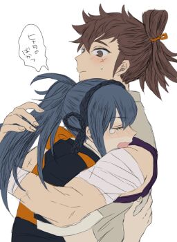 1boy 1girl aomeeso bad_link blue_hair brown_eyes brown_hair crying fire_emblem fire_emblem_fates hinata_(fire_emblem) hug long_hair nintendo oboro_(fire_emblem) ponytail translation_request upper_body