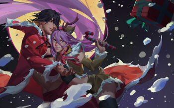 2boys androgynous animal_ear_hairband animal_ears black_hair black_thighhighs blue_eyes christmas commentary_request fake_animal_ears fake_antlers fake_tail full_moon gift gradient_background hachisuka_kotetsu hair_between_eyes hair_over_one_eye hairband highres long_hair male_focus moon multiple_boys nagasone_kotetsu ncww_rinichi orange_eyes purple_hair santa_costume snow sparse_stubble strapless tail thighhighs touken_ranbu tube_top