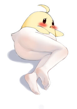 a_san_san absurdres ahoge ass azur_lane baby_animal bird black_eyes blush chick commentary creature highres lying manjuu_(azur_lane) no_humans no_shoes on_side pantyhose shadow simple_background soles what white_background white_pantyhose