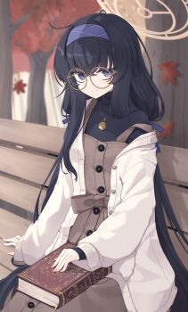 1girl alternate_costume autumn autumn_leaves bags_under_eyes bench black_hair blue_archive book book_on_lap bow brown_dress brown_halo cardigan casual chloette closed_mouth commentary_request crossed_bangs dress dress_bow falling_leaves glasses hair_between_eyes hairband halo hand_on_bench highres jewelry leaf long_hair looking_at_viewer necklace on_bench open_cardigan open_clothes outdoors park_bench purple_eyes purple_hairband round_eyewear sitting smile solo strap_slip tree ui_(blue_archive) undershirt very_long_hair yellow_halo