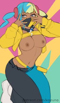 1girl breasts canari_(pokemon) clothes_lift dark-skinned_female dark_skin face_mask kalruna mask multicolored_hair nintendo pokemon pokemon_legends:_z-a shirt_lift solo two-tone_hair