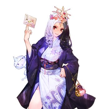 1girl bag black_hair forehead ghost isaac_hein_iii izanami_(uchihime) japanese_clothes kimono long_hair multicolored_hair multicolored_kimono print_kimono purple_kimono purple_sash red_eyes sash shoulder_bag two-tone_hair uchi_no_hime-sama_ga_ichiban_kawaii white_hair white_kimono