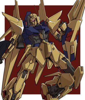 arm_shield armor beam_rifle blue_armor cable commentary delta_gundam energy_gun english_commentary full_body gold_armor gun gundam gundam_msv highres holding holding_gun holding_weapon kampen1184 mecha mecha_focus mobile_suit purple_eyes robot thrusters two-tone_armor v-fin weapon