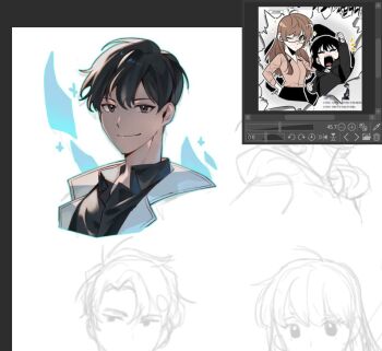 1boy art_program_in_frame black_eyes black_hair black_shirt coat collared_shirt commentary english_commentary han_sooyoung kim_dokja looking_at_viewer male_focus omniscient_reader's_viewpoint open_clothes open_coat papercider popped_collar portrait shirt short_hair sidelighting sketch smile solo_focus white_coat yoo_joonghyuk yoo_sangah