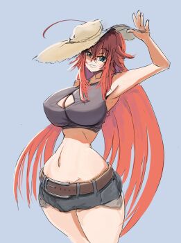 1girl ahoge belt blue_eyes breasts cleavage_cutout clothing_cutout hat high_school_dxd highres large_breasts long_hair looking_at_viewer midriff navel open_mouth red_hair rias_gremory short_shorts shorts simple_background smile solo veeveer_art waving