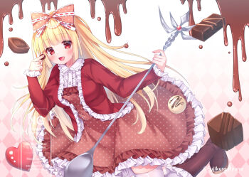 Rule 34 | 1girl, :d, argyle background, blonde hair, blush, boots, bow, breasts, brown boots, brown dress, center frills, collared shirt, commentary request, dress, dress shirt, fingernails, food, frilled boots, frilled dress, frilled jacket, frilled sleeves, frills, fujikura ryuune, hair bow, heart, holding, holding food, jacket, long hair, long sleeves, looking at viewer, medium breasts, open clothes, open jacket, open mouth, original, pink bow, polka dot, polka dot bow, polka dot dress, red eyes, red jacket, shirt, smile, solo, thighhighs, thighhighs under boots, twitter username, valentine, very long hair, watermark, white shirt, white thighhighs