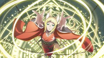 1girl animal_ear_fluff animal_ears anime_coloring arched_bangs arms_up blonde_hair chain chained closed_mouth collar danmachi_battle_chronicle dungeon_ni_deai_wo_motomeru_no_wa_machigatteiru_darou_ka fox_ears fox_girl fox_tail game_cg green_eyes highres japanese_clothes kimono leaf_print long_hair looking_up magic_circle maple_leaf_print metal_collar no_pupils non-web_source official_art print_kimono reaching red_kimono sandals sanjouno_haruhime socks solo standing standing_on_magic_circle tabi tail white_socks