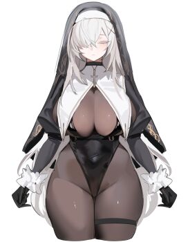 1girl absurdres black_gloves black_hat black_leotard bodystocking bodysuit breast_curtains breasts brown_bodysuit ch4a closed_eyes closed_mouth colored_eyelashes commentary_request cross gloves habit hair_between_eyes hair_ornament hair_over_one_eye hat highleg highleg_leotard highres huge_breasts juliet_sleeves korean_commentary leotard long_hair long_sleeves mole mole_under_eye nun original puffy_sleeves simple_background skindentation solo thigh_strap very_long_hair white_background white_hair x_hair_ornament