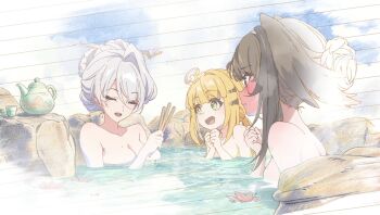 3girls animal_ears birthmark blonde_hair blush brown_hair green_eyes ju_fufu multiple_girls onsen tiger_girl white_hair ye_shunguang yixuan_(zenless_zone_zero) zenless_zone_zero