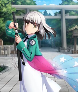 1girl black_hair black_necktie blue_cape blue_sky brown_eyes cape closed_mouth cloud colored_tips cowboy_shot day drawing_sword dress emblem first_high_school_uniform from_side game_cg gradient_cape green_jacket grey_hair holding holding_sword holding_weapon jacket katana long_sleeves looking_at_viewer looking_to_the_side mahouka_koukou_no_rettousei multicolored_hair necktie official_art outdoors pink_cape satsuki_yomi school_uniform see-through_cape sheath short_hair sky solo star_(symbol) star_print stone_walkway sword third-party_source toji_no_miko toji_no_miko:_kizamishi_issen_no_tomoshibi torii tree unsheathing weapon white_dress