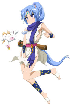 Rule 34 | 10s, 1girl, animal ears, bad id, bad pixiv id, bare legs, barefoot, blush, covering crotch, covering privates, dog days, feet, female focus, forehead jewel, full body, highres, horse ears, horse girl, horse tail, ishida seito, no panties, ponytail, purple eyes, scarf, seven arcs, sharu (dog days), short hair, simple background, solo, tail, toes, white background