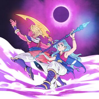 armpit_crease blonde_hair blue_hair boots character_request closed_mouth commentary eclipse highres holding holding_scepter holding_sword holding_weapon long_hair migamigami on_one_knee pants red_shirt scepter sea_of_stars shirt short_hair sleeveless solar_eclipse sword undercut weapon white_pants