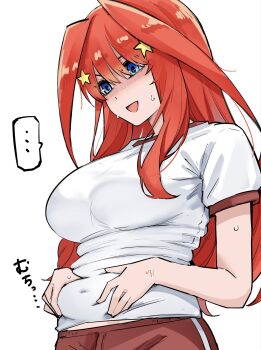 ... 1girl belly_grab blue_eyes breasts commentary_request covered_navel go-toubun_no_hanayome gym_shirt hair_ornament highres large_breasts long_hair mame1645 nakano_itsuki open_mouth red_hair shirt simple_background solo spoken_ellipsis star_(symbol) star_hair_ornament sweat upper_body weight_conscious white_background white_shirt