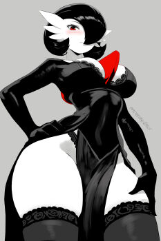 1girl alternate_color black_dress black_hair black_thighhighs breasts cleavage commentary dress gardevoir gen_3_pokemon gloves grey_background hand_on_own_hip highres large_breasts looking_at_viewer nintendo pelvic_curtain pokemon pokemon_(creature) red_eyes short_hair simple_background skirt solo thick_thighs thighhighs thighs white_skirt zelc-face