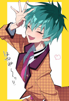 1boy aqua_hair character_request closed_eyes commentary_request formal_clothes hand_up highres houndstooth hypnosis_mic lapel_pin lapels male_focus mg_nemuio necktie notched_lapels purple_necktie short_hair smile solo suit upper_body