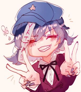 1girl alternate_costume black_ribbon blue_hat blush closed_eyes commentary double_v expressive_clothes fingernails grin hat hat_ornament jacket jiangshi miyako_yoshika neck_ribbon newsboy_cap ofuda purple_hair purple_nails red_jacket ribbon shinjitsu_no_kuchi shirt short_hair simple_background smile solo star_(symbol) star_hat_ornament touhou upper_body v v-shaped_eyebrows white_background white_shirt