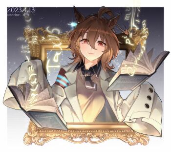 1girl agnes_tachyon_(tach-nology)_(umamusume) agnes_tachyon_(umamusume) ahoge animal_ears black_necktie book border brown_hair calculus coat collared_shirt commentary_request dated earrings floating floating_book floating_object horse_ears horse_girl jewelry lab_coat long_sleeves looking_at_viewer math necktie open_clothes open_coat parted_lips physics picture_frame red_eyes shirin_(tsukimiyagura) shirt short_hair single_earring sleeves_past_fingers sleeves_past_wrists solo star_(symbol) star_symbol_background sweater_vest twitter_username umamusume white_border white_coat yellow_sweater_vest