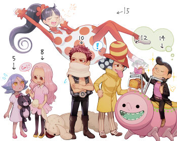 Rule 34 | age difference, aged down, charlotte anana, charlotte anglais, charlotte brulee, charlotte flampe, charlotte katakuri, charlotte perospero, commentary request, dress, highres, jacket, leather, leather jacket, one piece, pink dress, rsk rasukuman, stuffed animal, stuffed toy, teddy bear, white dress