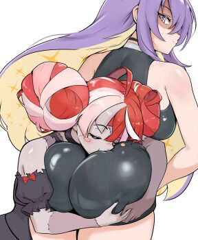 Rule 34 | 2girls, absurdres, ahoge, arched back, ass, bare shoulders, black choker, black dress, black nails, black shirt, black shorts, blonde hair, blush, blush stickers, breasts, choker, closed eyes, colored inner hair, colored skin, commentary, double bun, dress, english commentary, from behind, from side, gradient eyes, grey hair, grey skin, hair bun, halter shirt, halterneck, highres, hololive, hololive indonesia, huge ass, hugging ass, katosh, kissing ass, kureiji ollie, kureiji ollie (1st costume), large breasts, layered dress, long hair, looking at another, moona hoshinova, moona hoshinova (1st costume), multicolored eyes, multicolored hair, multicolored skin, multiple girls, no jacket, partially shaded face, patchwork skin, pink hair, puffy short sleeves, puffy sleeves, purple eyes, purple hair, red hair, scowl, shiny clothes, shiny skin, shirt, short shorts, short sleeves, shorts, simple background, skin tight, starry hair, stitched arm, stitched face, stitched torso, stitches, torn clothes, torn dress, two-tone hair, two-tone skin, virtual youtuber, white background, white hair, yellow eyes, zombie