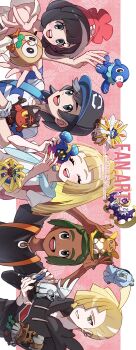 2girls 3boys :d absurdres alolan_form alolan_raichu arms_up backpack bag beanie black_hair black_shirt blonde_hair character_doll commentary cosmoem dark-skinned_male dark_skin doll elio_(pokemon) eyelashes gen_7_pokemon gladion_(pokemon) green_eyes green_hair grey_eyes grin happy hat hau_(pokemon) highres holding holding_doll hood hood_down hooded_vest hoodie komala legendary_pokemon lillie_(pokemon) litten looking_up lunala mugiccha2 multiple_boys multiple_girls nintendo open_mouth pink_bag pokemon pokemon_sm popplio rowlet selene_(pokemon) shirt short_sleeves silvally smile solgaleo striped_clothes striped_shirt teeth type:_null upper_teeth_only vest white_shirt