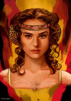 Rule 34 | 1girl, artist name, brown eyes, brown hair, circlet, close-up, closed mouth, curly hair, female focus, highres, looking at viewer, padme amidala, portrait, short hair, solo, star wars, star wars: attack of the clones, text focus, uzuri art