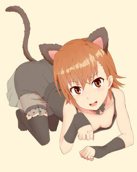 1girl :d all_fours alternate_costume animal_ears ass asymmetrical_bangs bare_shoulders black_bow black_bowtie black_tail black_thighhighs bow bowtie breasts brown_eyes brown_hair cat_ears cat_girl cat_tail cleavage collarbone commentary full_body hair_between_eyes halloween_costume jack-barro kemonomimi_mode light_blush long_sleeves looking_at_viewer medium_hair misaka_mikoto no_shoes open_mouth see-through_clothes see-through_skirt simple_background skirt small_breasts smile solo tail thighhighs toaru_majutsu_no_index