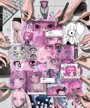 Rule 34 | > o, 6+others, @ @, absurdres, ai-generated art (topic), art brush, art program in frame, black eyes, blurry, bow, bowtie, bright pupils, character counter request, checkered background, clip studio paint, commentary, computer keyboard, computer mouse, contact lens, cracked face, deformed, doll, drawing (action), drawing (object), fake transparency, fingernails, ganguro, gyaru, gyaru v, hair bow, heart, highres, holding, holding computer mouse, holding paintbrush, holding pen, holding pencil, holding stylus, hollow eyes, ikuta41, multiple others, multiple style parody, nail polish, nsfw warning, one eye closed, original, pac-man (game), paintbrush, parody, pen, pencil, pink bow, pink bowtie, pink eyes, pink hair, pink nails, pinky (pac-man), pixelated, pov, pov hands, procreate (software), purple bow, putting in contact lens, retro artstyle, satire, screentones, shadow, sharp fingernails, style parody, stylus, tweet, v, wireless mouse