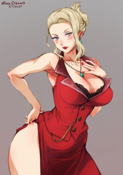 1girl blonde_hair breasts cleavage final_fantasy final_fantasy_vii final_fantasy_vii_rebirth final_fantasy_vii_remake highres jewelry large_breasts long_skirt mature_female mina_cream necklace purple_eyes red_lips red_skirt red_vest scarlet_(ff7) skirt smile solo vest