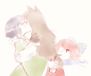 3girls animal_ears bendy_straw blue_hair brown_hair closed_eyes cup disembodied_head disposable_cup drinking drinking_straw fins floating_head hair_ribbon head_fins hug imaizumi_kagerou japanese_clothes kimono kiss meme multiple_girls orz_(kagewaka) photo-referenced red_hair ribbon sekibanki simple_background touhou wakasagihime wolf_ears yuri