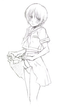 Rule 34 | 1boy, androgynous, blush, bulge, clothes lift, crossdressing, crossdressing (mtf), erection, greyscale, male focus, monochrome, nyaou, panties, penis, penis in panties, pleated skirt, school uniform, serafuku, short hair, simple background, sketch, skirt, skirt lift, solo, trap, underwear, white background