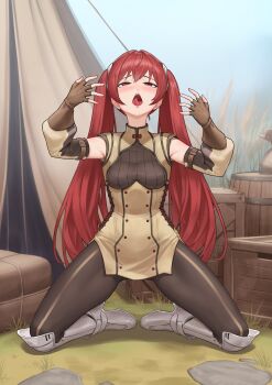 1girl absurdres armored_boots ass barrel black_pantyhose boots breasts brown_tunic commentary commission english_commentary fingerless_gloves fire_emblem fire_emblem_awakening gloves highres kneeling large_variant_set long_hair nintendo outdoors pantyhose pussy_juice red_hair second-party_source severa_(fire_emblem) small_breasts tent tongue tongue_out tunic twintails variant_set zero_a