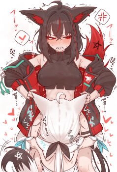 2girls ahoge anger_vein animal_ear_fluff animal_ear_piercing animal_ears averting_eyes black_hair black_jacket black_ribbon black_shirt blush bottomless braid breasts clenched_teeth commentary covered_erect_nipples cropped_shirt cunnilingus dark_persona detached_sleeves double-parted_bangs fox_ears fox_girl fox_tail grabbing_another&#039;s_leg hair_between_eyes hair_ribbon halter_shirt halterneck heart highres hololive implied_cunnilingus jacket kurokami_fubuki large_breasts long_hair low_ponytail motion_lines multiple_girls nail_polish off_shoulder oral pentagram ponytail red_eyes red_hair red_streaks ribbon sharp_teeth shirakami_fubuki shirakami_fubuki_(1st_costume) shiroi_yoru shirt side_braid single_braid sleeveless sleeveless_shirt spoken_anger_vein spoken_heart symbol-only_commentary tail teeth thigh_strap thighs virtual_youtuber white_background white_hair white_shirt yuri
