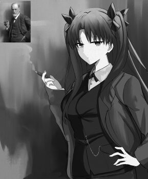 absurdres black_hair clam_shell_ornament fate/stay_night fate_(series) hair_ribbon highres lace-trimmed_jacket lightstick long_hair pinstripe_bra puffy-trimmed_leotard ribbon rin's_pendant_(fate) shokobr sigmund_freud square tohsaka_rin