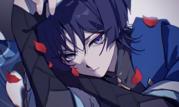 1boy armor bishounen black_bodysuit black_bridal_gauntlets blue_cape blue_sleeves blunt_ends bodysuit bridal_gauntlets cape choppy_bangs closed_mouth covered_collarbone expressionless eyeliner genshin_impact hand_on_own_arm hand_up head_rest highres japanese_armor kote kurokote layered_sleeves looking_at_viewer makeup male_focus mandarin_collar petals pink_nails purple_eyes purple_hair red_eyeliner red_petals scaramouche_(genshin_impact) short_sleeves solo tsurime w02_14 wanderer_(genshin_impact) white_background white_sleeves