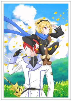 blonde_hair blue_eyes blue_scarf boots bright_background brown_vest cloud cloudy_sky coat commentary_request felt_(re:zero) grass heinkel_louanna highres knight leaf looking_to_the_side pants picture_frame re:zero_kara_hajimeru_isekai_seikatsu red_eyes red_hair reinhard_van_astrea scarf short_hair sitting sitting_on_person sky sword turning_head vest weapon white_coat white_pants