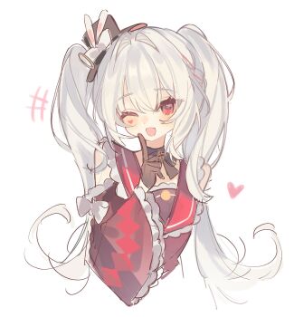 1girl :d black_bow black_gloves black_hat bow bow_choker choker clothing_cutout cropped_torso diamond_(shape) diamond_facial_mark diamond_on_cheek dress facial_mark fang gloves hair_intakes hair_ornament hat heart heart_facial_mark heart_on_cheek highres honkai:_star_rail honkai_(series) long_hair long_sleeves looking_at_viewer mark_under_both_eyes mini_hat mini_top_hat one_eye_closed open_mouth rabbit_hair_ornament red_dress red_eyes reido_0723 shoulder_cutout skin_fang smile solo sparkle_(honkai:_star_rail) sparxie_(honkai:_star_rail) top_hat twintails white_background white_hair