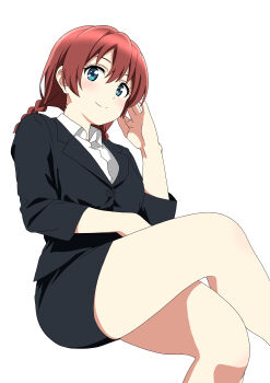 1girl absurdres black_jacket black_skirt blue_eyes blush braid brown_hair closed_mouth collared_shirt commentary_request crossed_legs emma_verde freckles hair_between_eyes highres jacket long_hair long_sleeves looking_at_viewer love_live! love_live!_nijigasaki_high_school_idol_club low_twin_braids office_lady rainen_no_natsu_mo shirt simple_background skirt smile solo thighs twin_braids white_background white_shirt
