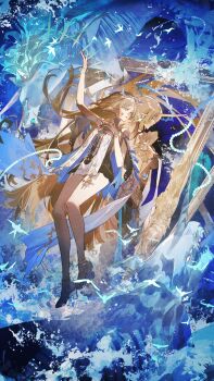 2girls arm_up bare_legs bare_shoulders black_collar black_dress blonde_hair blue_eyes breasts cartethyia_(wuthering_waves) collar dress dual_persona fleurdelys_(wuthering_waves) full_body highres horns jewelry krab_(fumekrab) large_breasts legs long_hair long_horns multiple_girls necklace parted_lips pointy_ears sandals sidelocks single_horn tabard thighs very_long_hair white_sandals white_tabard wuthering_waves yellow_horns