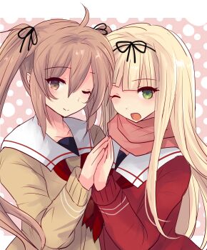 2girls blonde_hair blunt_bangs brown_eyes brown_hair brown_sweater commentary_request green_eyes highres hirune_(konekonelkk) kantai_collection multiple_girls murasame_(kancolle) murasame_(saury_festival)_(kancolle) neckerchief one_eye_closed own_hands_together pink_background pink_scarf polka_dot red_neckerchief red_sweater sailor_collar scarf school_uniform serafuku sweater twintails upper_body white_sailor_collar yuudachi_(kancolle)