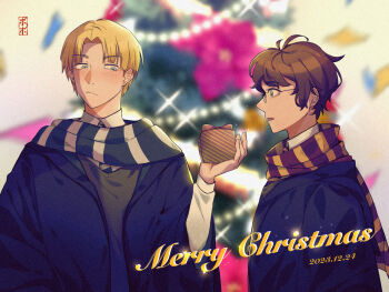 2023 2boys black_robe blonde_hair blue_eyes bow christmas christmas_ornaments christmas_present christmas_tree closed_mouth dated draco_malfoy eyebrows_hidden_by_hair eyelashes gift glasses green_eyes gryffindor harry_potter harry_potter_(series) hogwarts_school_uniform holding holding_gift looking_at_object male_focus merry_christmas multiple_boys parted_bangs pixiv_id_23862064 profile robe scarf school_uniform short_hair slytherin sparkle striped_clothes striped_scarf wizarding_world