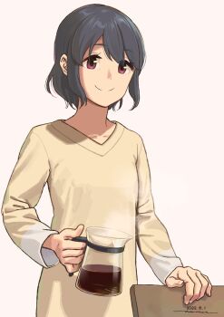 1girl blue_hair chair coffee coffee_pot dated highres horikou long_sleeves medium_hair purple_eyes shima_saki shirt smile yellow_shirt yurucamp