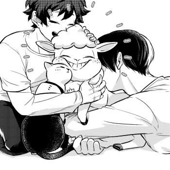 Rule 34 | 2boys, betsu aka2, blush, boku no hero academia, bones (company), cat, curly hair, dekusheep, freckles, fur, group hug, hug, lying, midoriya izuku, multicolored hair, multiple boys, scar, sheep, short hair, shounen jump, shoutocat, sitting, smile, teeth, todoroki shoto, two-tone hair, wool