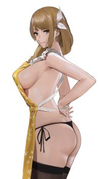 1girl absurdres apron ass ass_focus backless_outfit black_panties braid breasts brown_hair earrings fire_emblem fire_emblem_engage goldmary_(fire_emblem) hair_ribbon highres j@ck jewelry large_breasts long_hair looking_at_viewer nearly_naked_apron nintendo panties ribbon side-tie_panties sideboob smile solo thighhighs thighs thong tying_apron underwear upper_body white_ribbon
